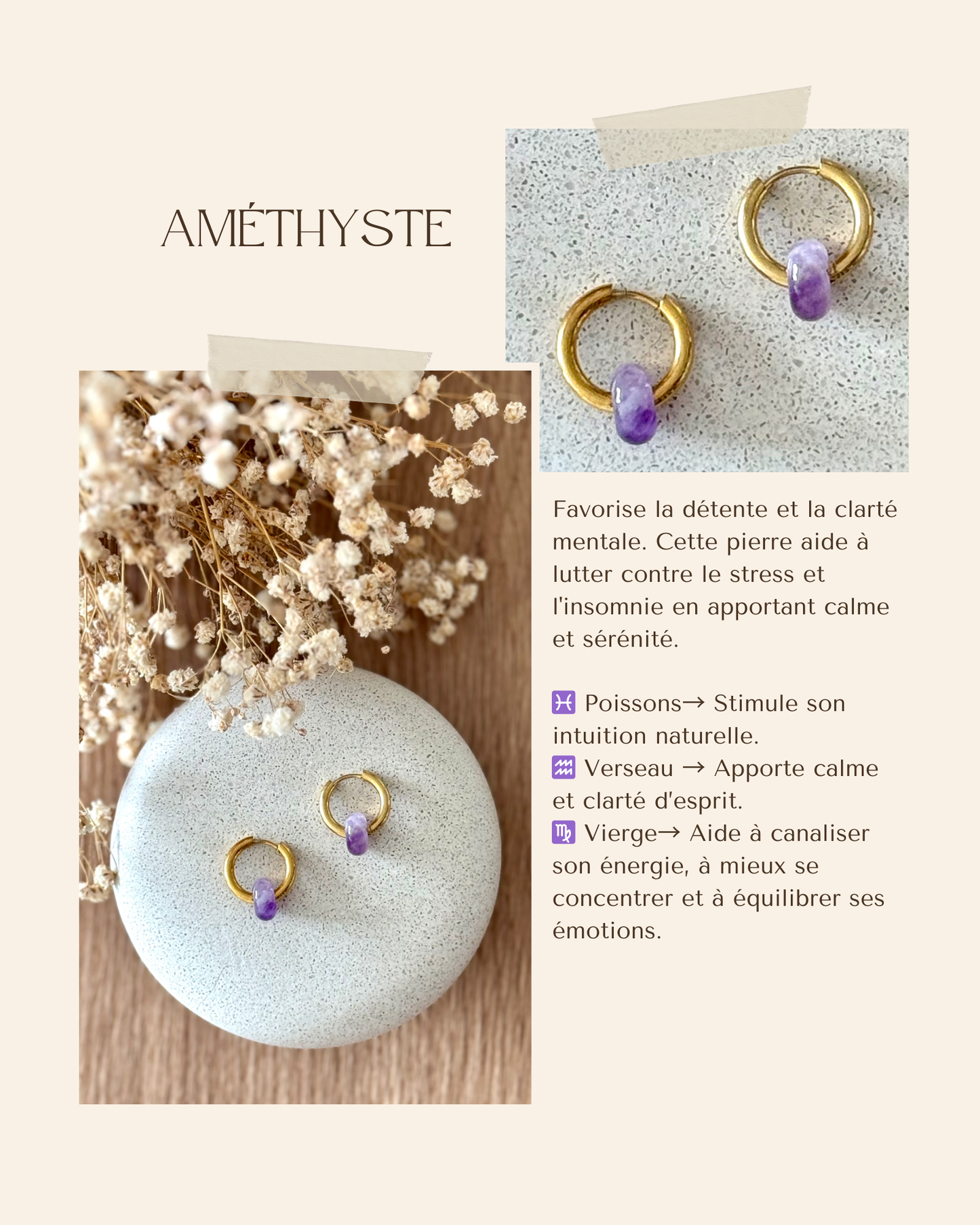 Boucles d'oreilles acier inoxydable et pierres naturelles - Anneaux or & diverses pierres