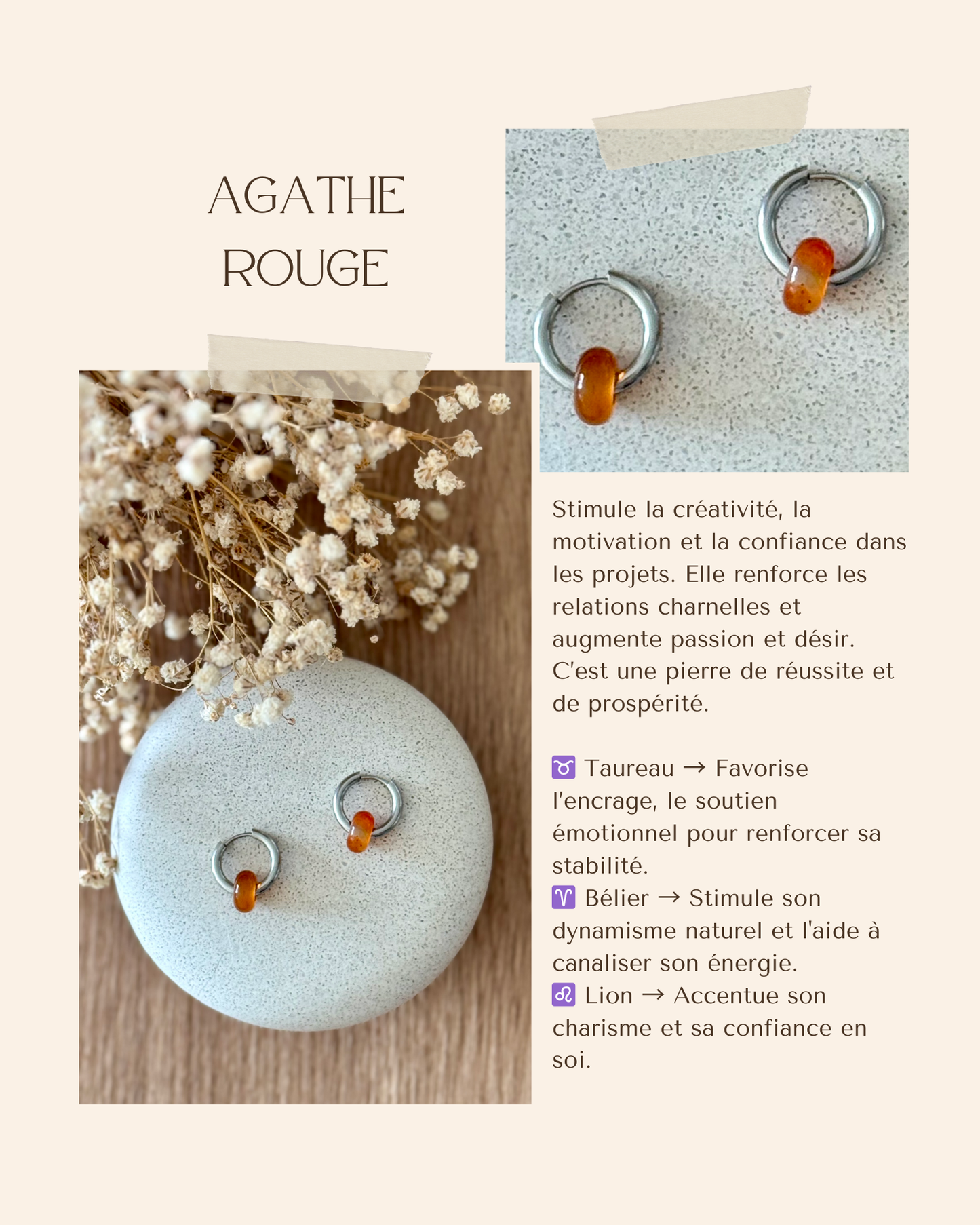 Boucles d'oreilles acier inoxydable et pierres naturelles - Anneaux argent & diverses pierres