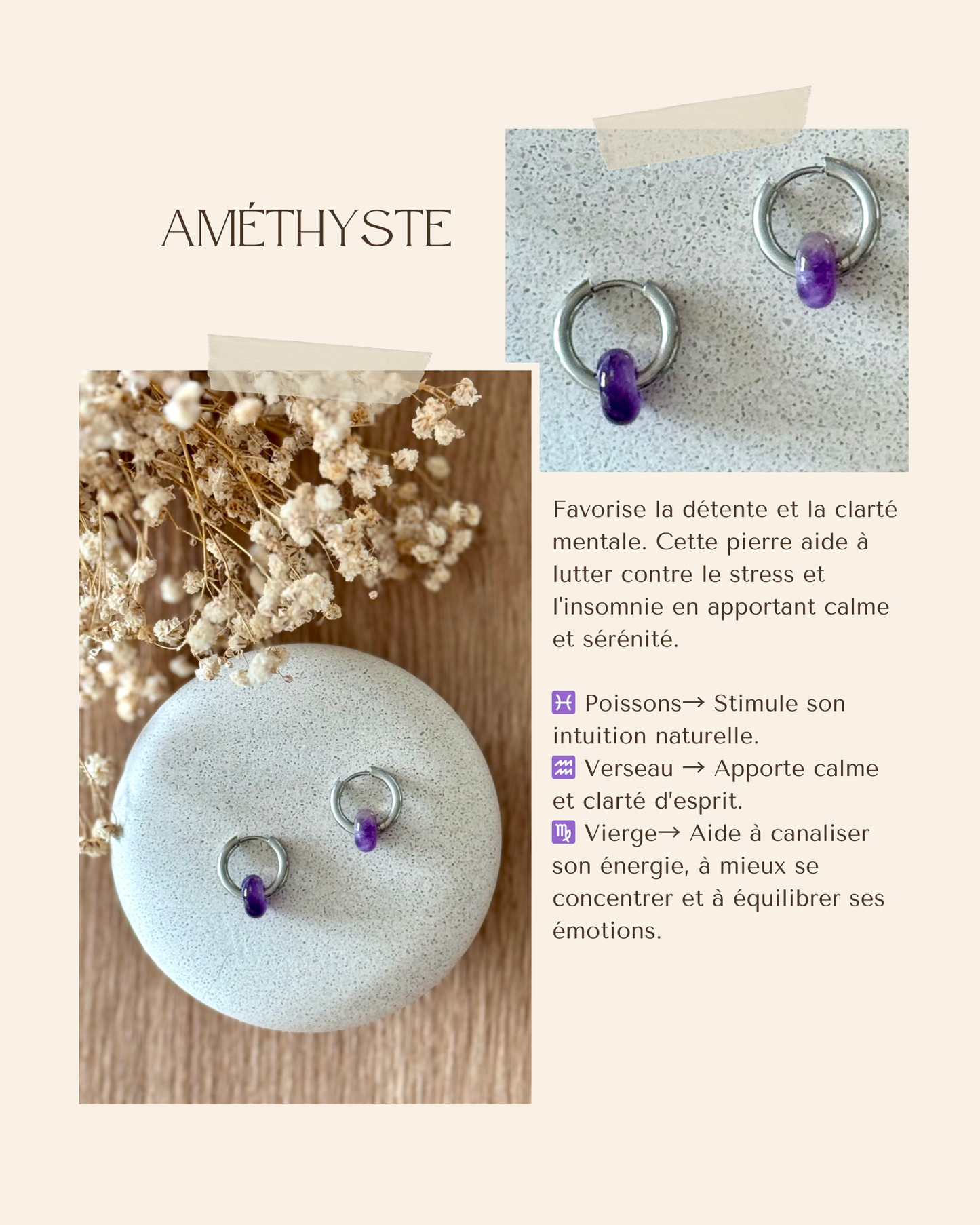 Boucles d'oreilles acier inoxydable et pierres naturelles - Anneaux argent & diverses pierres