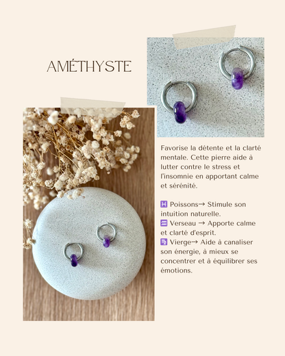Boucles d'oreilles acier inoxydable et pierres naturelles - Anneaux argent & diverses pierres