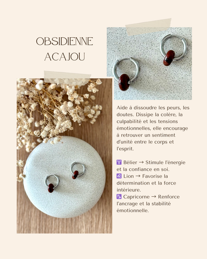 Boucles d'oreilles acier inoxydable et pierres naturelles - Anneaux argent & diverses pierres