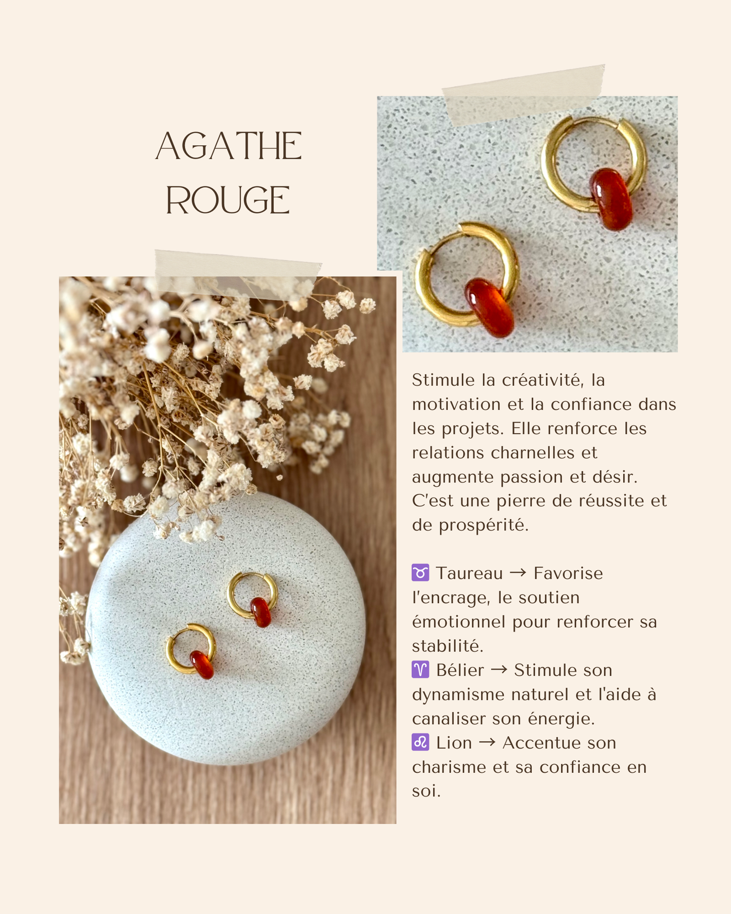 Boucles d'oreilles acier inoxydable et pierres naturelles - Anneaux or & diverses pierres