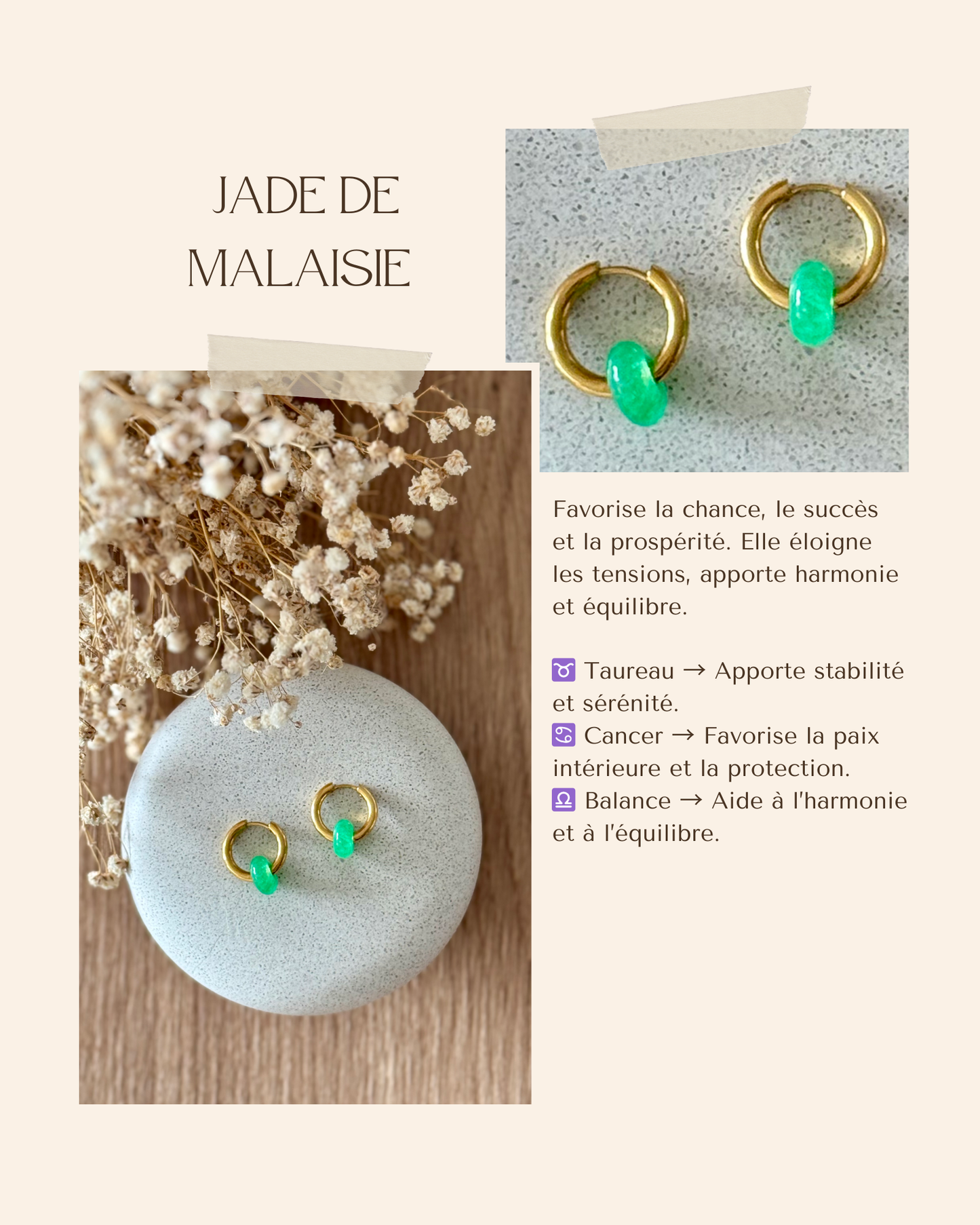 Boucles d'oreilles acier inoxydable et pierres naturelles - Anneaux or & diverses pierres