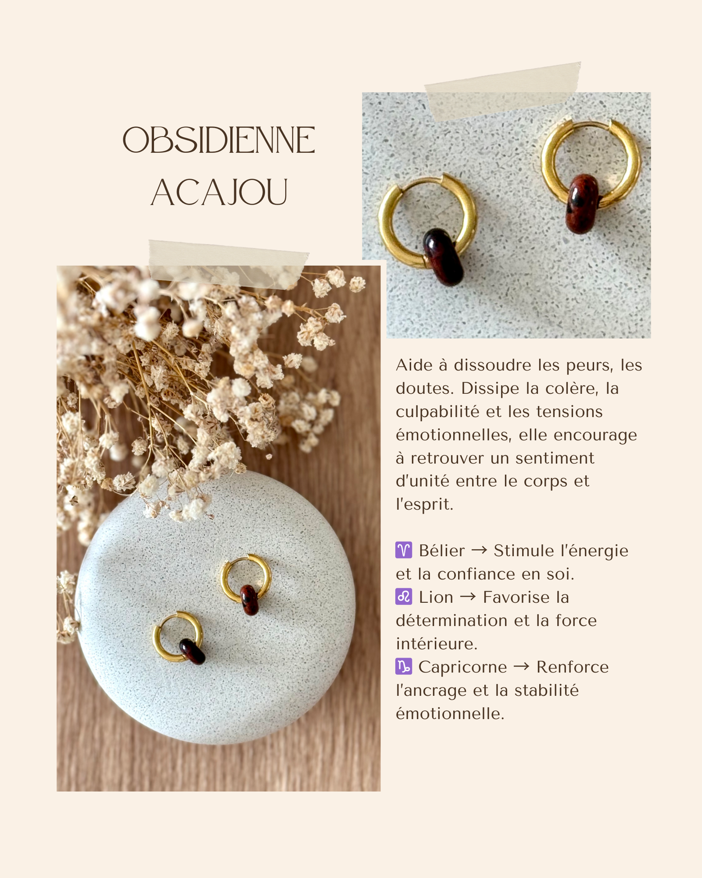 Boucles d'oreilles acier inoxydable et pierres naturelles - Anneaux or & diverses pierres