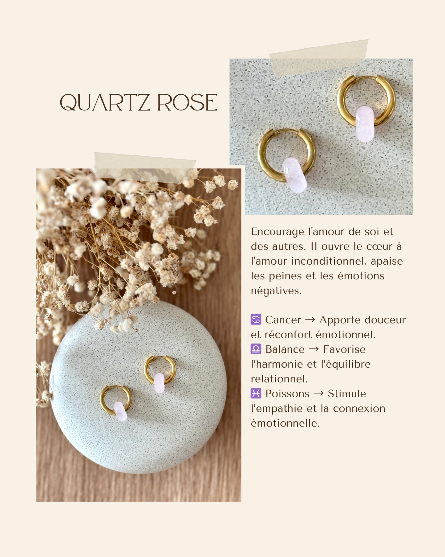Boucles d'oreilles acier inoxydable et pierres naturelles - Anneaux or & diverses pierres