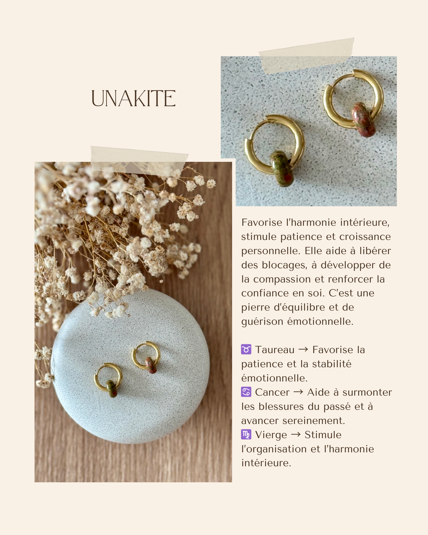 Boucles d'oreilles acier inoxydable et pierres naturelles - Anneaux or & diverses pierres